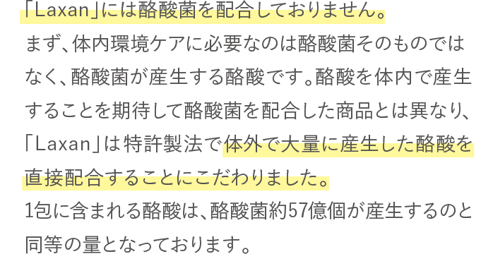 Laxanには酪酸菌を配合していません。Laxanには体内に酪酸菌を送るのではなく、産生物である酪酸を直接配合することにこだわった商品です