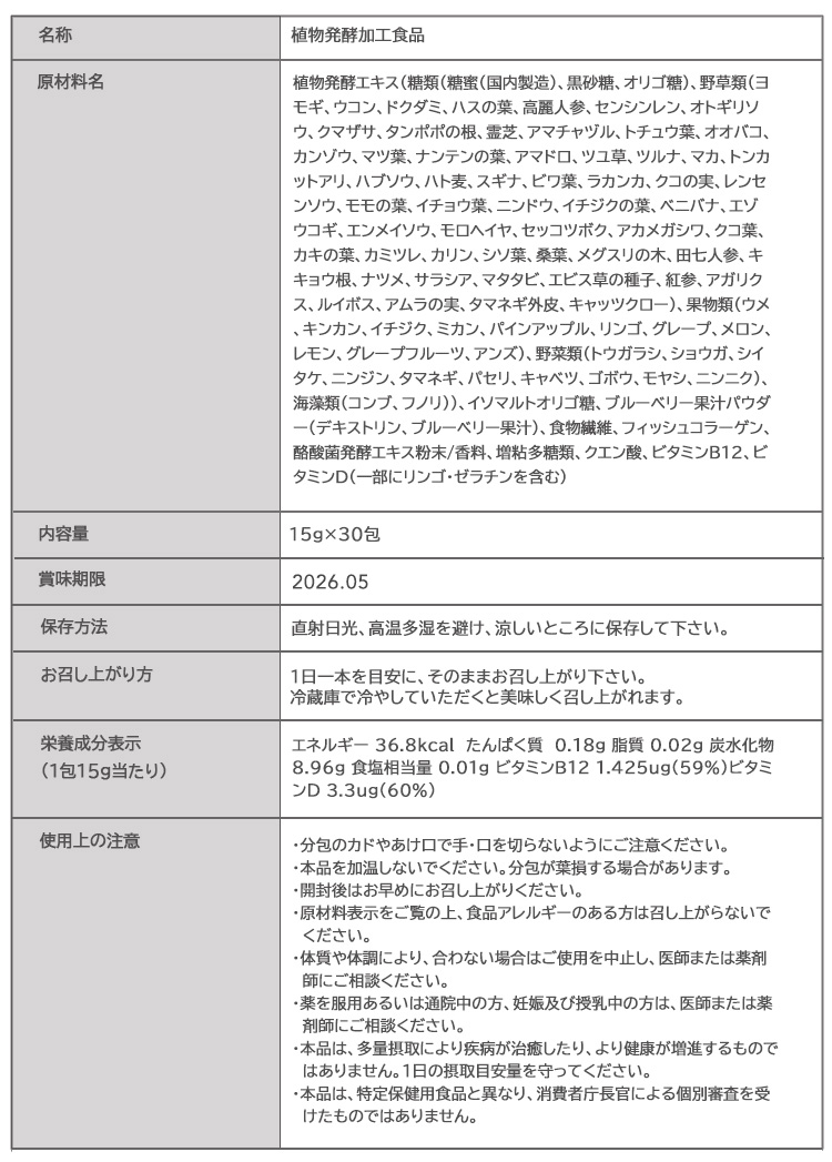 原材料等 名称名：植物発行加工食品、内容量：15gx30包、賞味期限:2026年5月